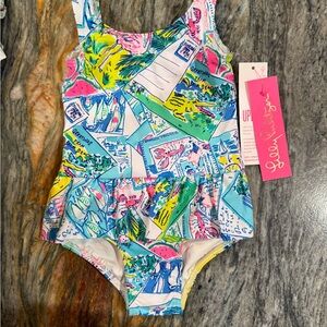 Lilly Pulitzer Blue and Pink One Piece Swimsuit Vibrant Design